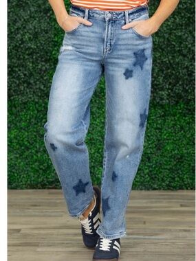 Light Blue Star-Accent Straight Leg Jeans